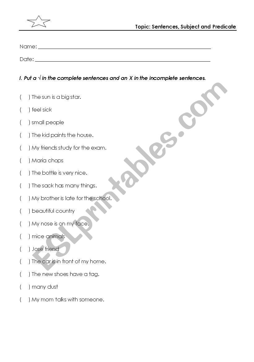 Sentences, subject and predicate