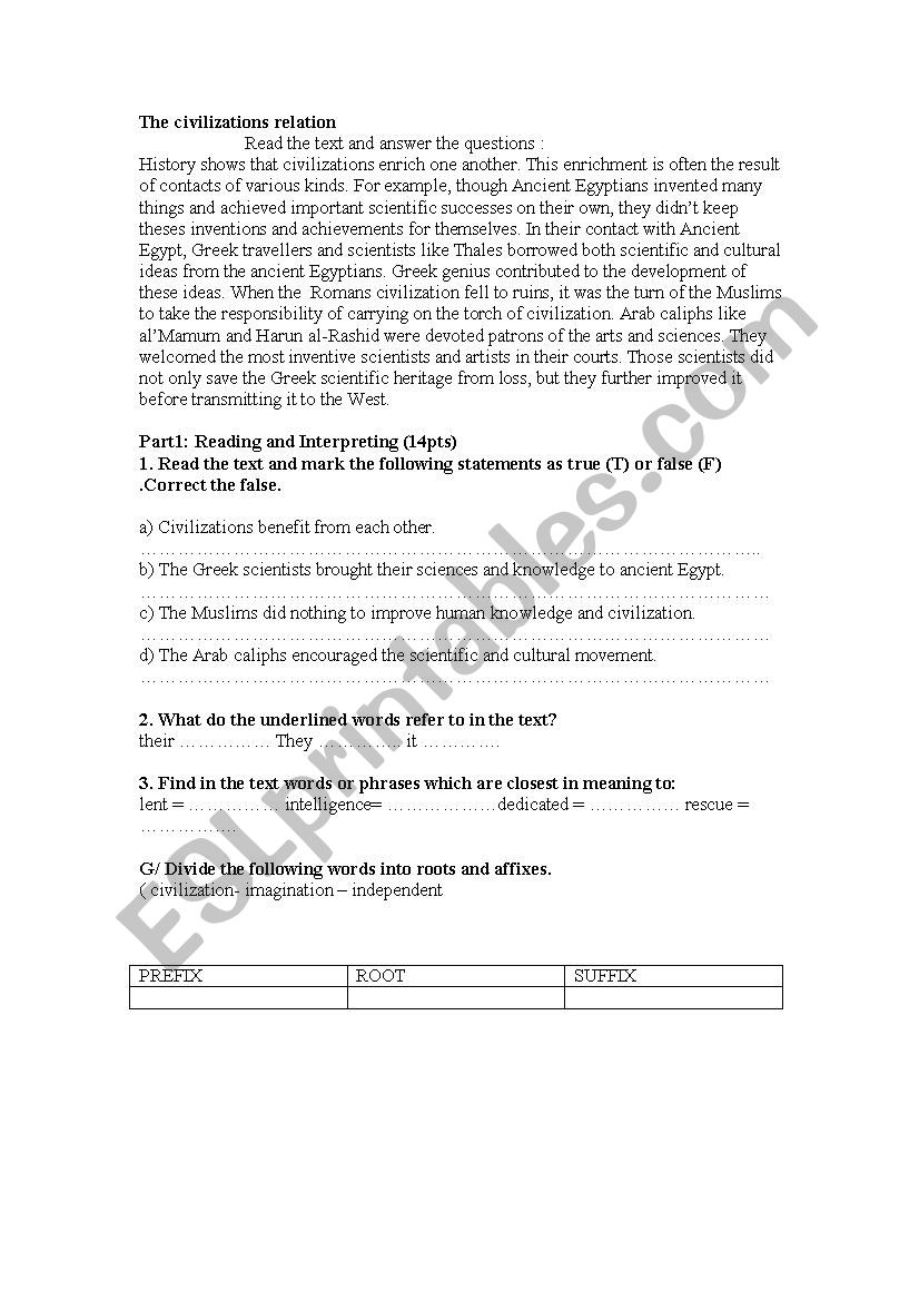 The civilizations relation worksheet