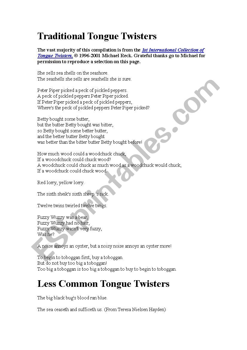 traditional tongue twisters worksheet