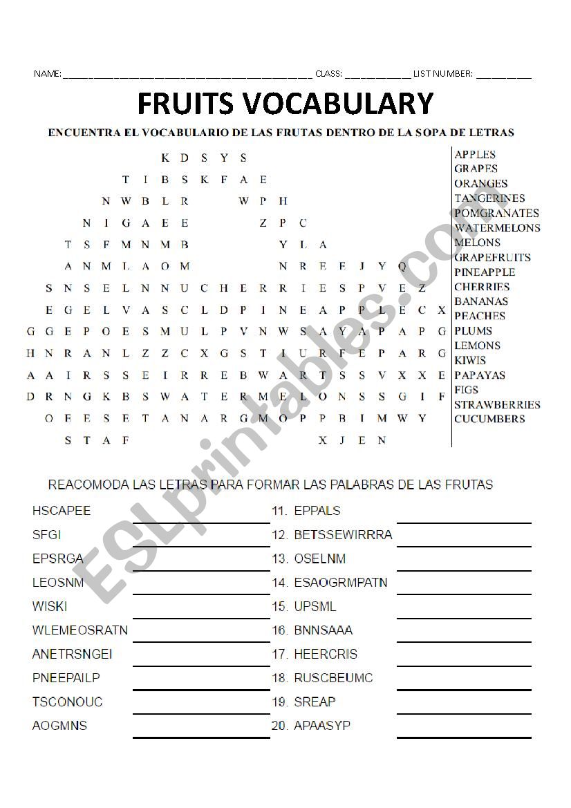 Fruits vocabulary wordsearch  worksheet