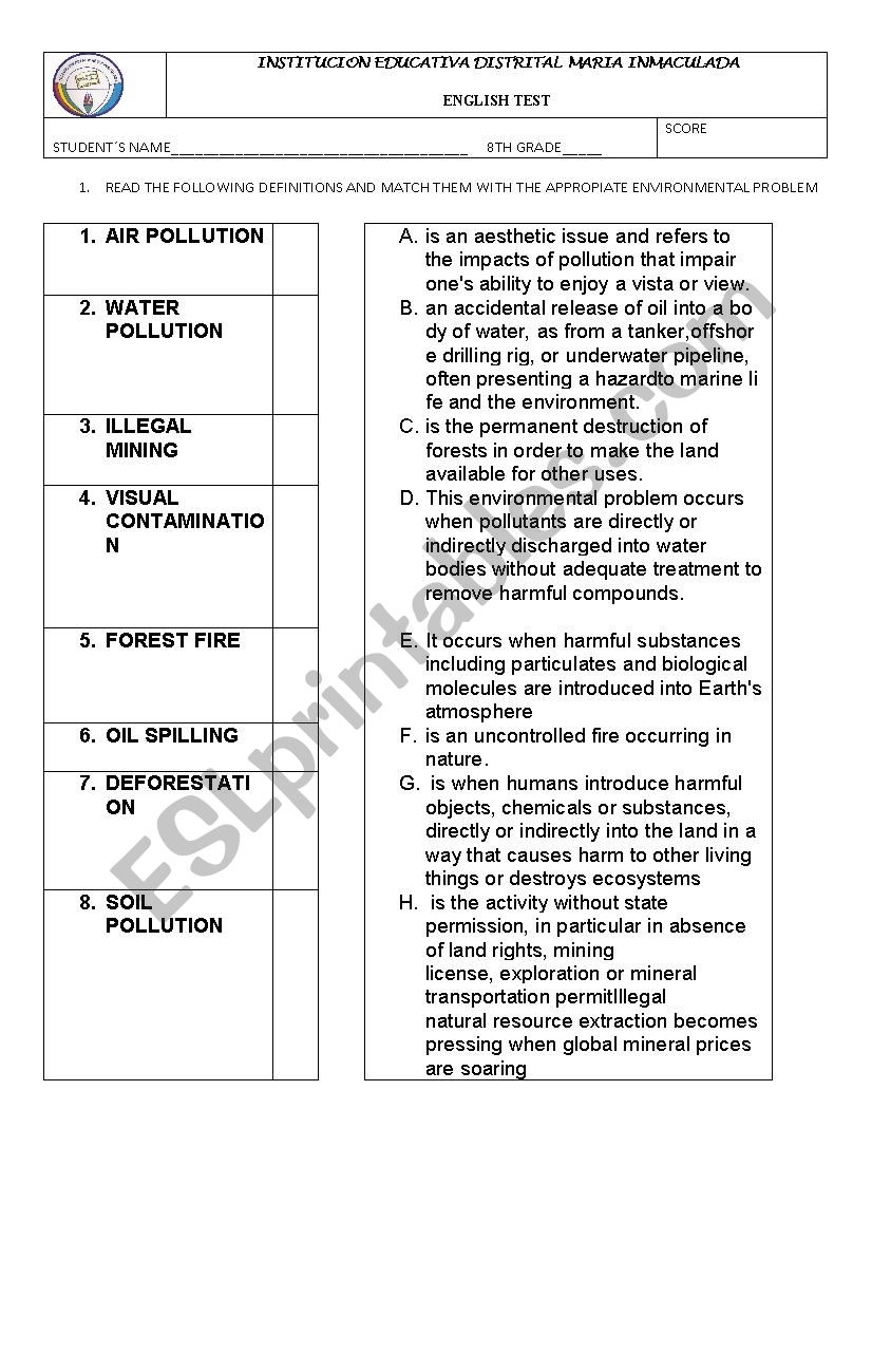 ENVIRONMENTAL PROBLEMS TEST worksheet