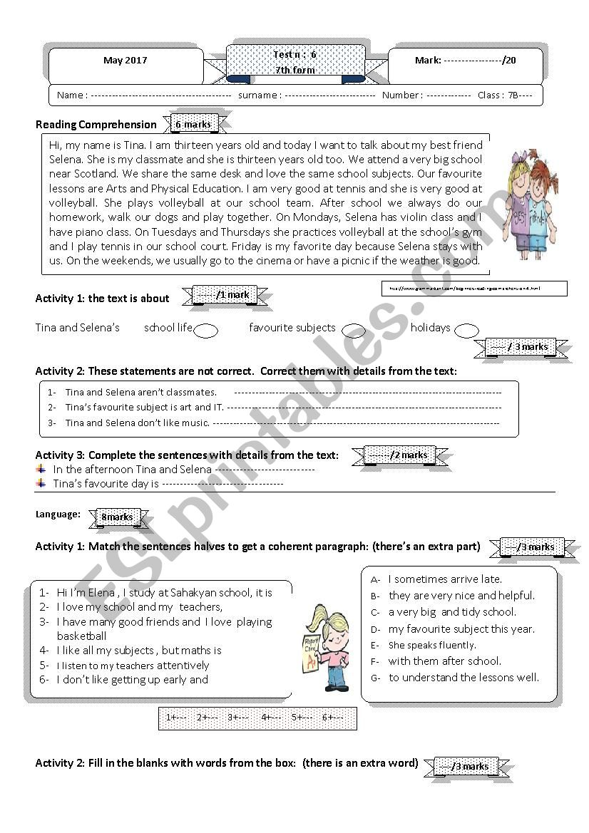 school life test 7th form worksheet