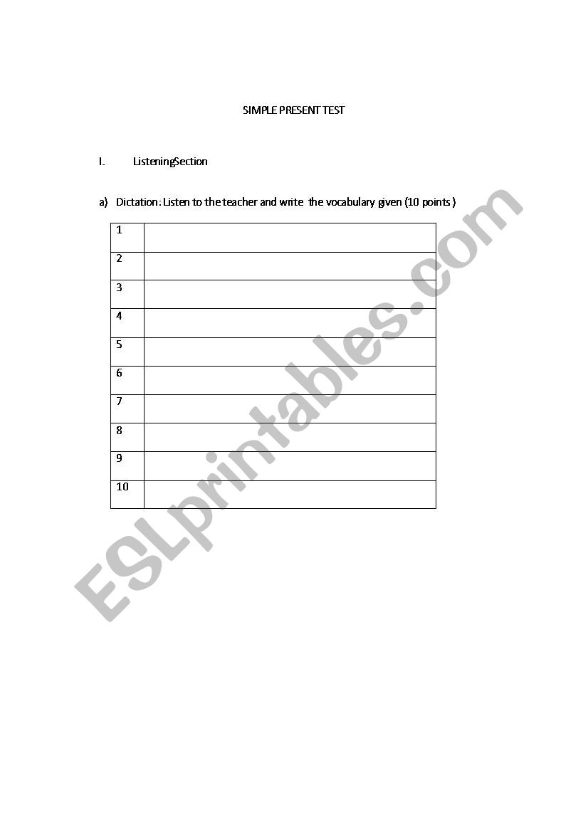 SIMPLE PRESENT TEST  worksheet