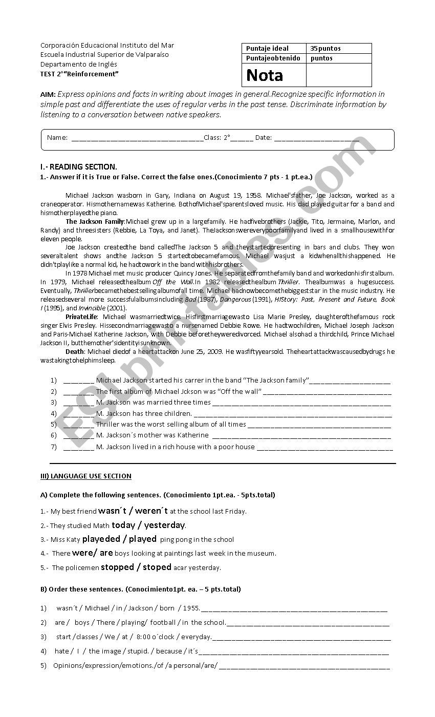 Reinforcement TEST worksheet