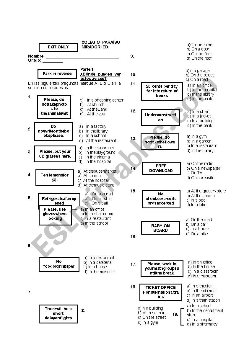 Reading signs- PET practice  worksheet