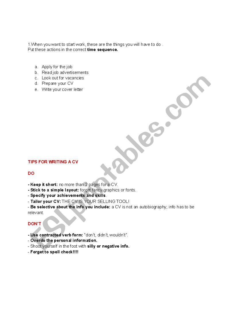 how to write a CV worksheet