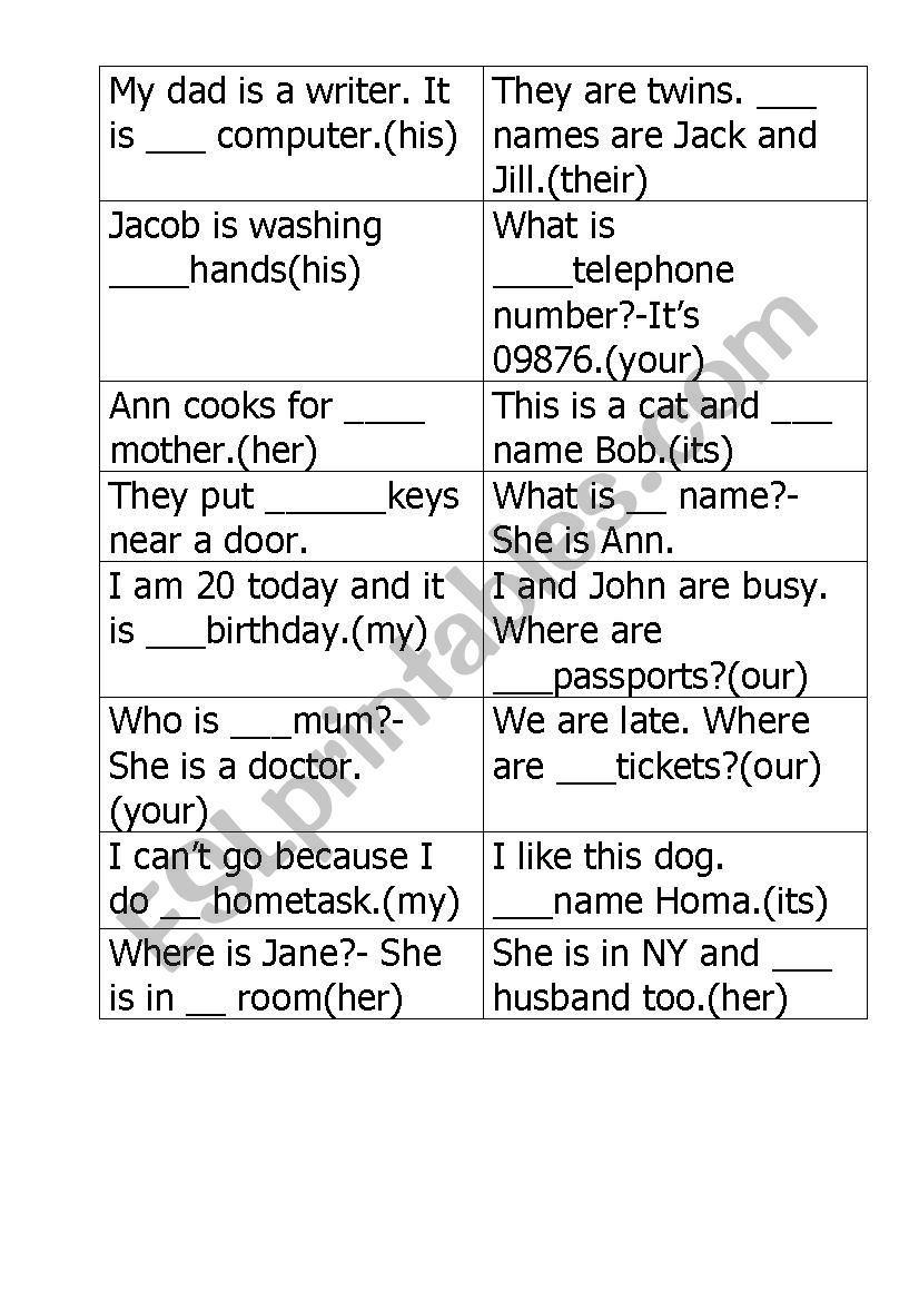 Possessive adjectives worksheet