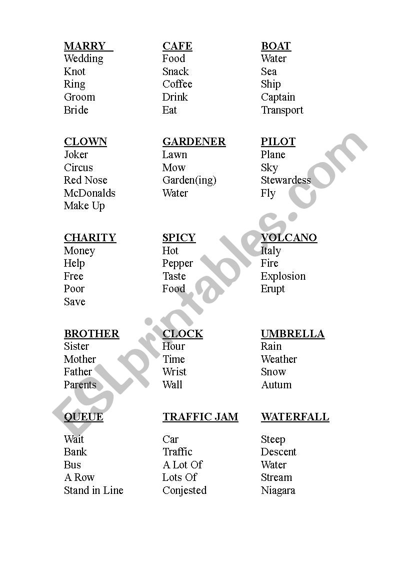 Taboo cards worksheet