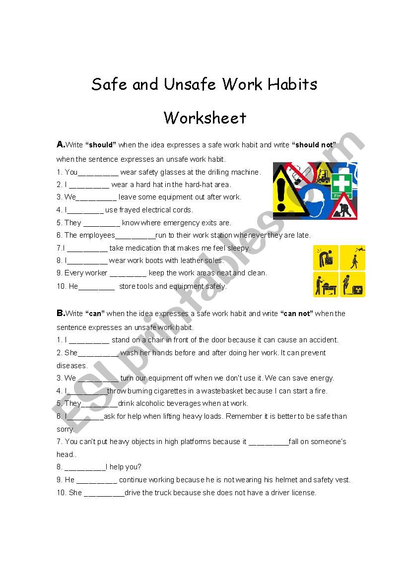 Safe and Unsafe Work Habits worksheet