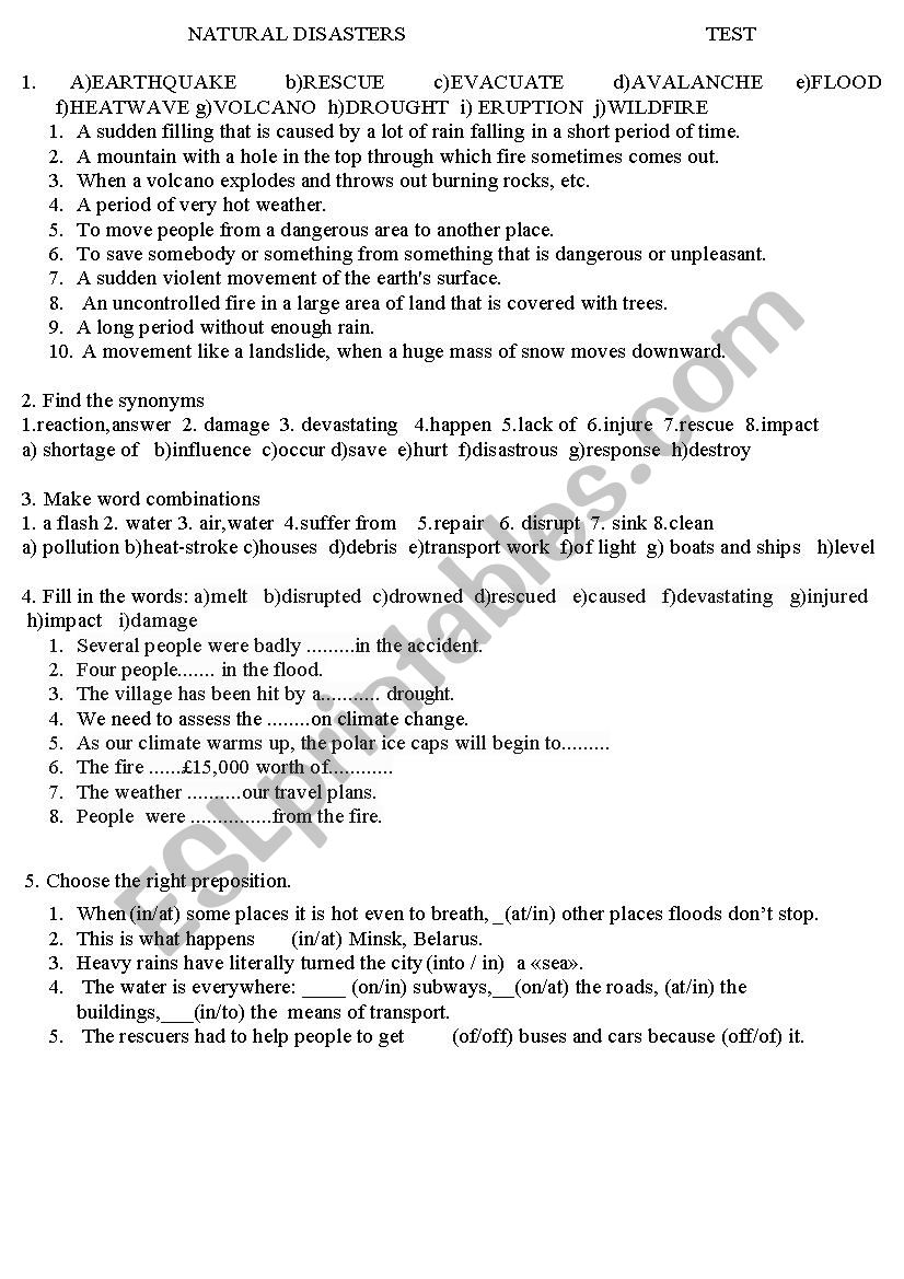 NATURAL DISASTERS TEST worksheet