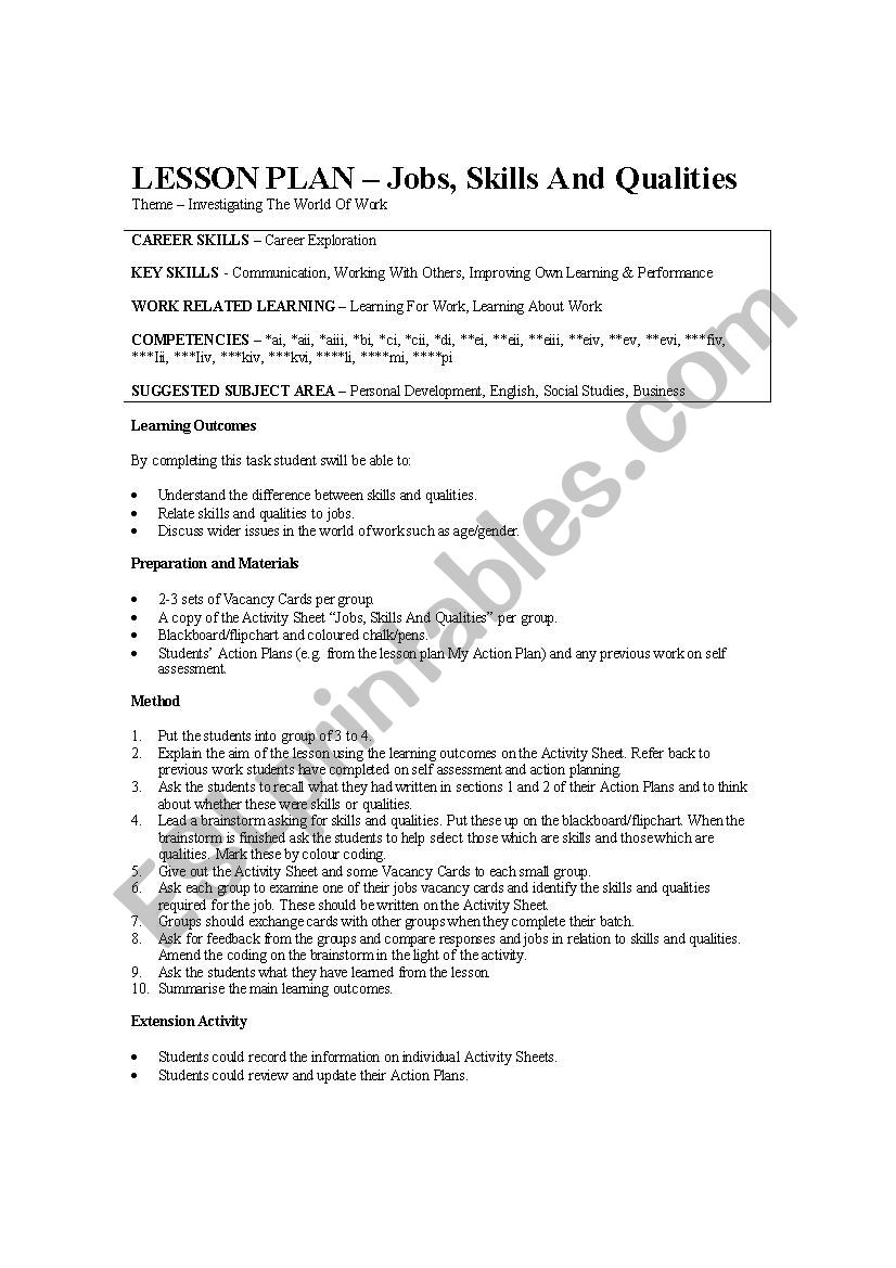 lesson plans about jobs worksheet