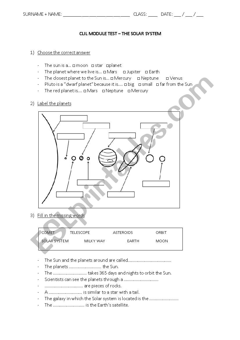 Solar system test worksheet