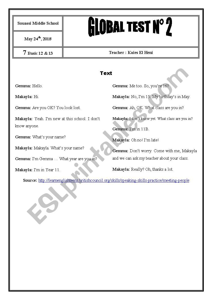 2017 / 2018 7th Form Global Test 2