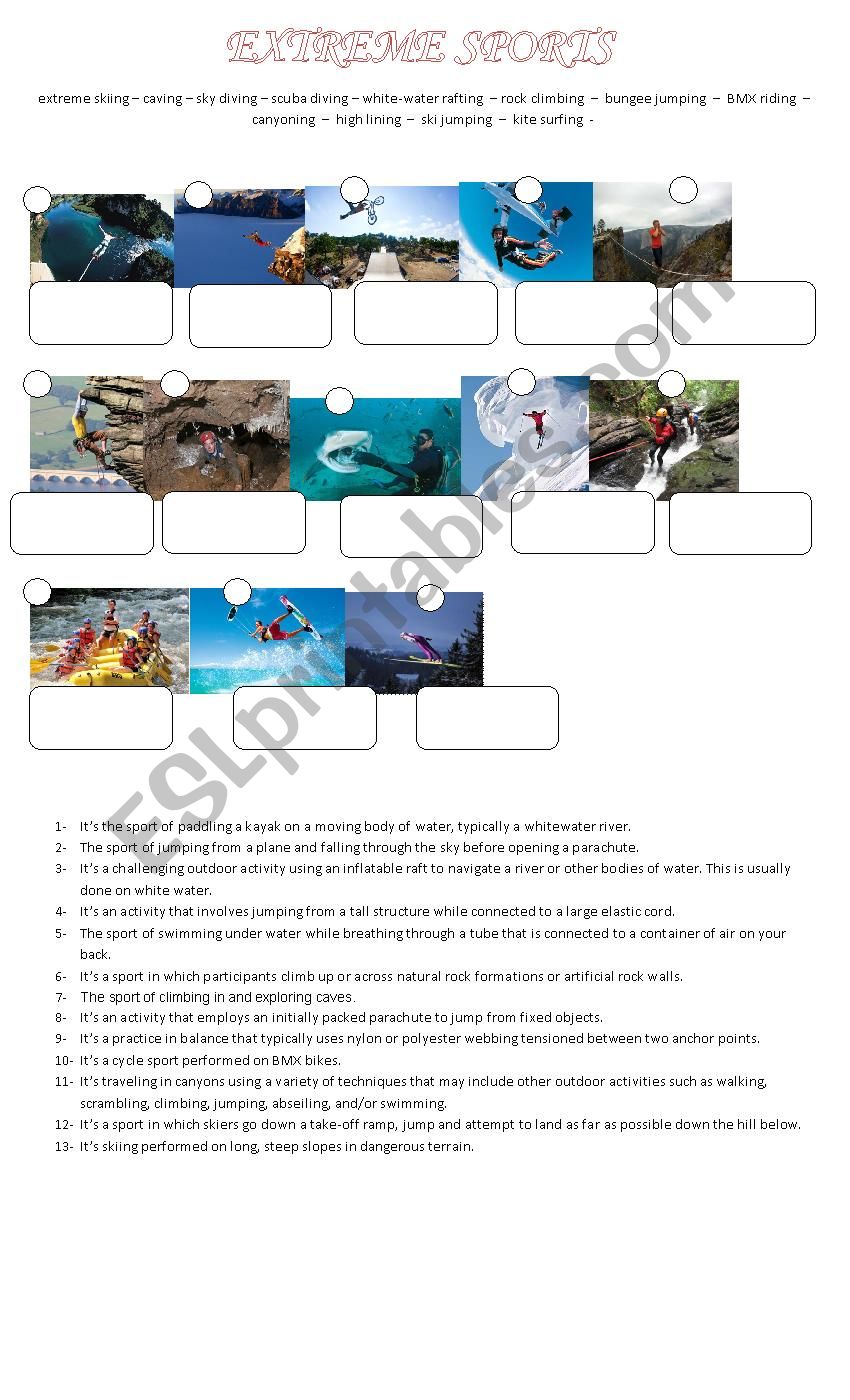 extreme sports worksheet