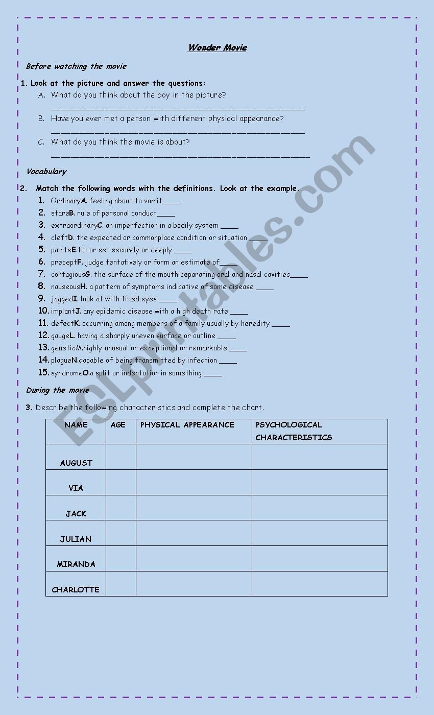 Wonder Movie Workshop worksheet