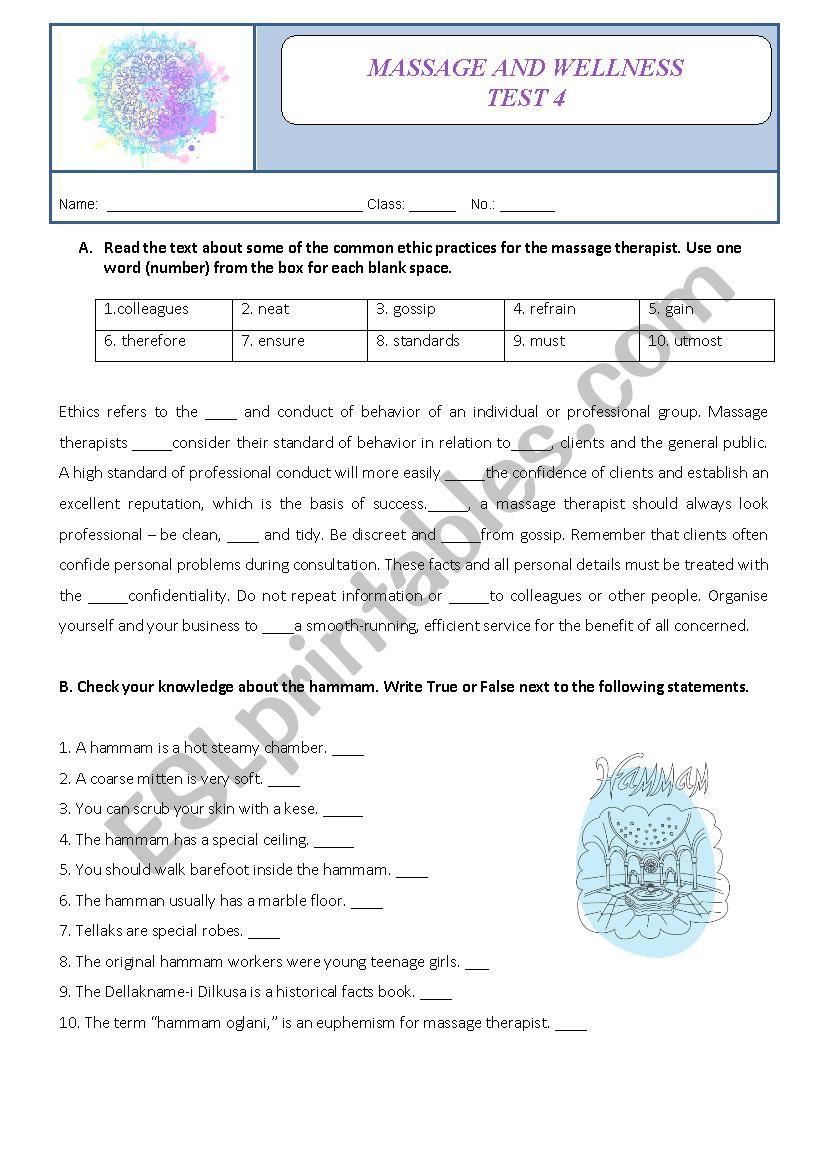 Massage and wellness - Test 4 worksheet