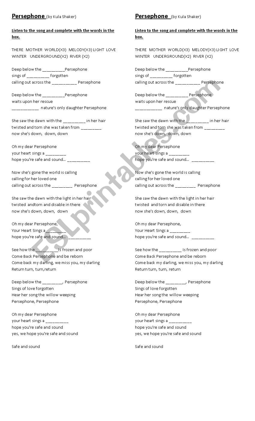 Persephone Song worksheet