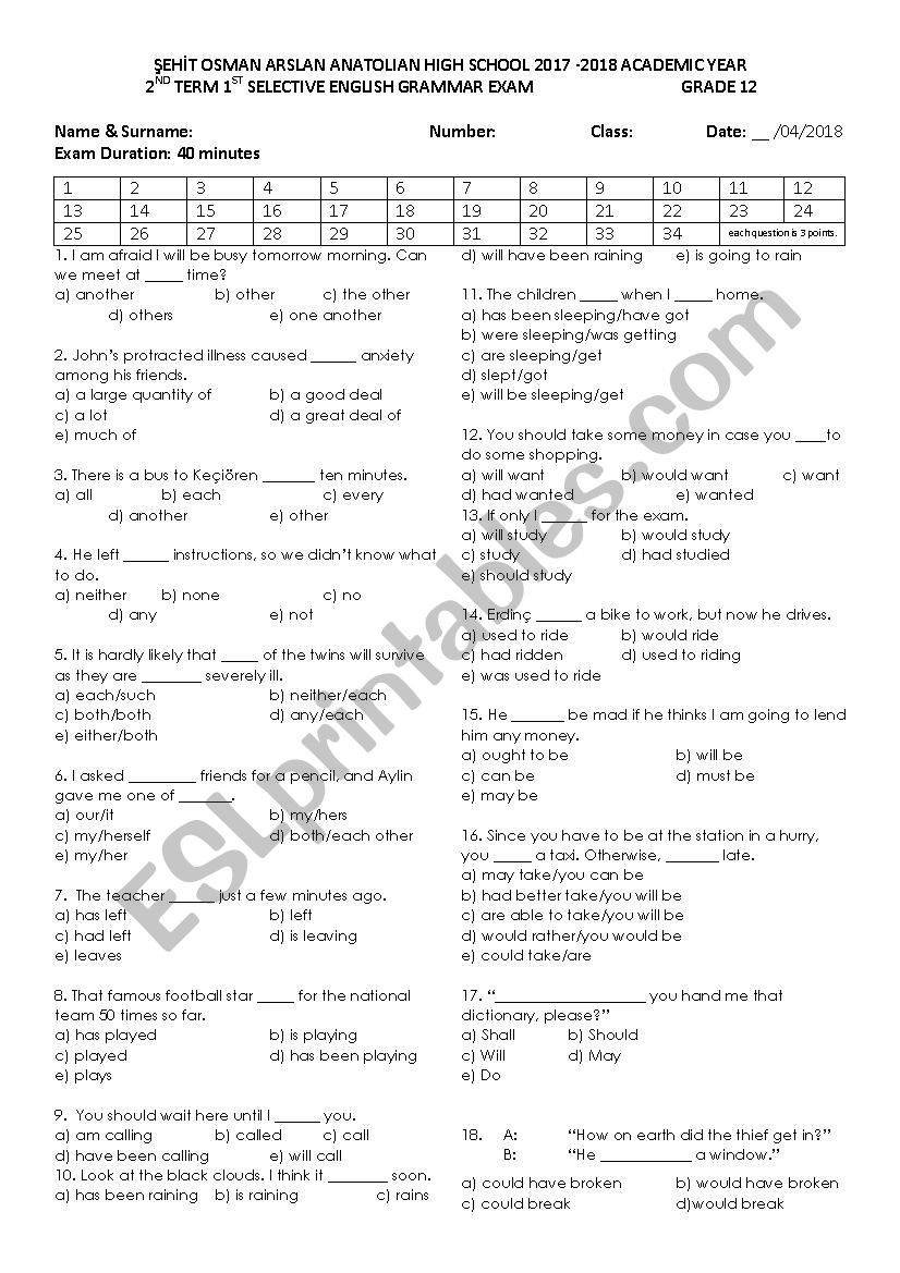 exam worksheet