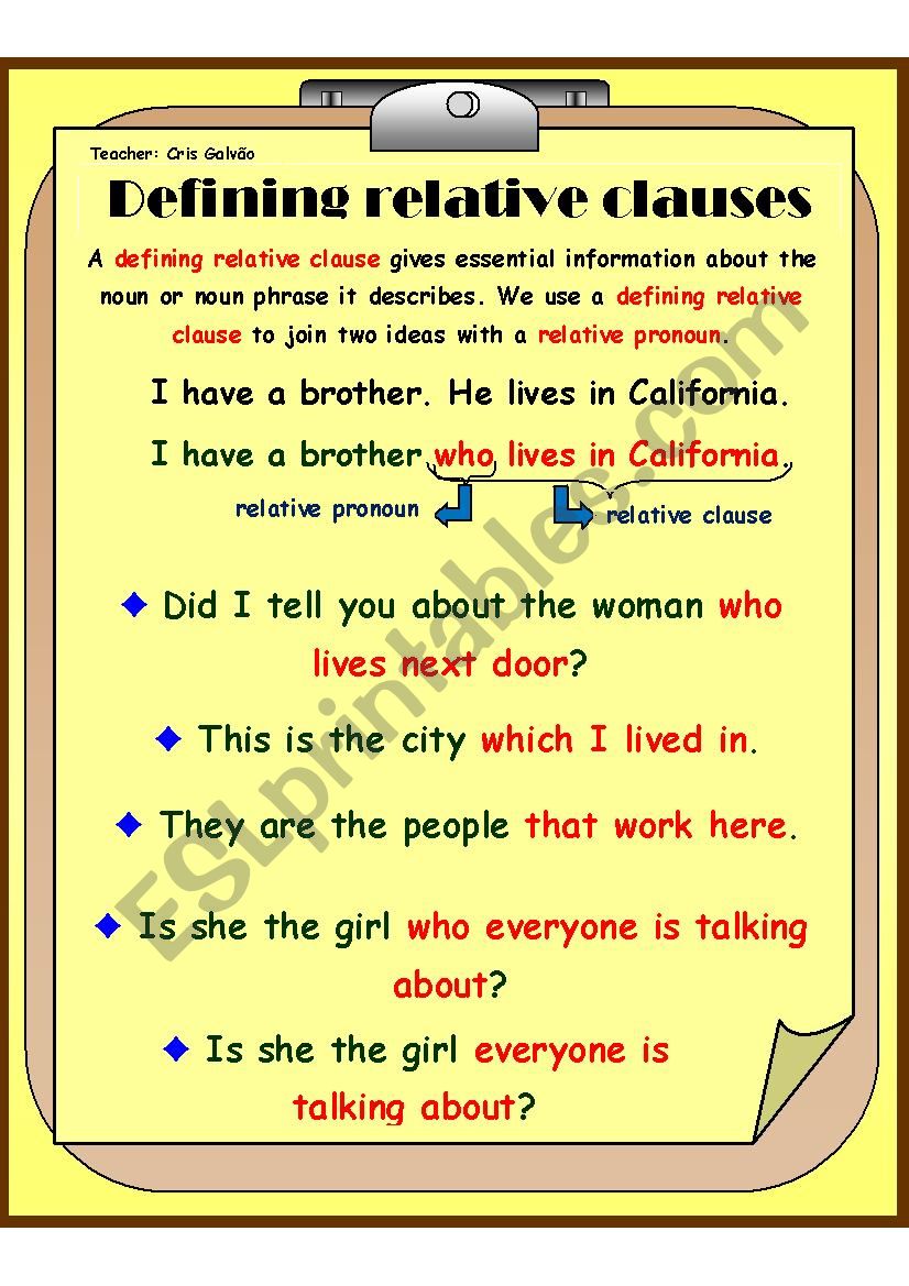 DEFINING RELATIVE CLAUSE EXPLANATION CARD - I USED IT TO EXPLAIN ABOUT DEFINING RELATIVE CLAUSES