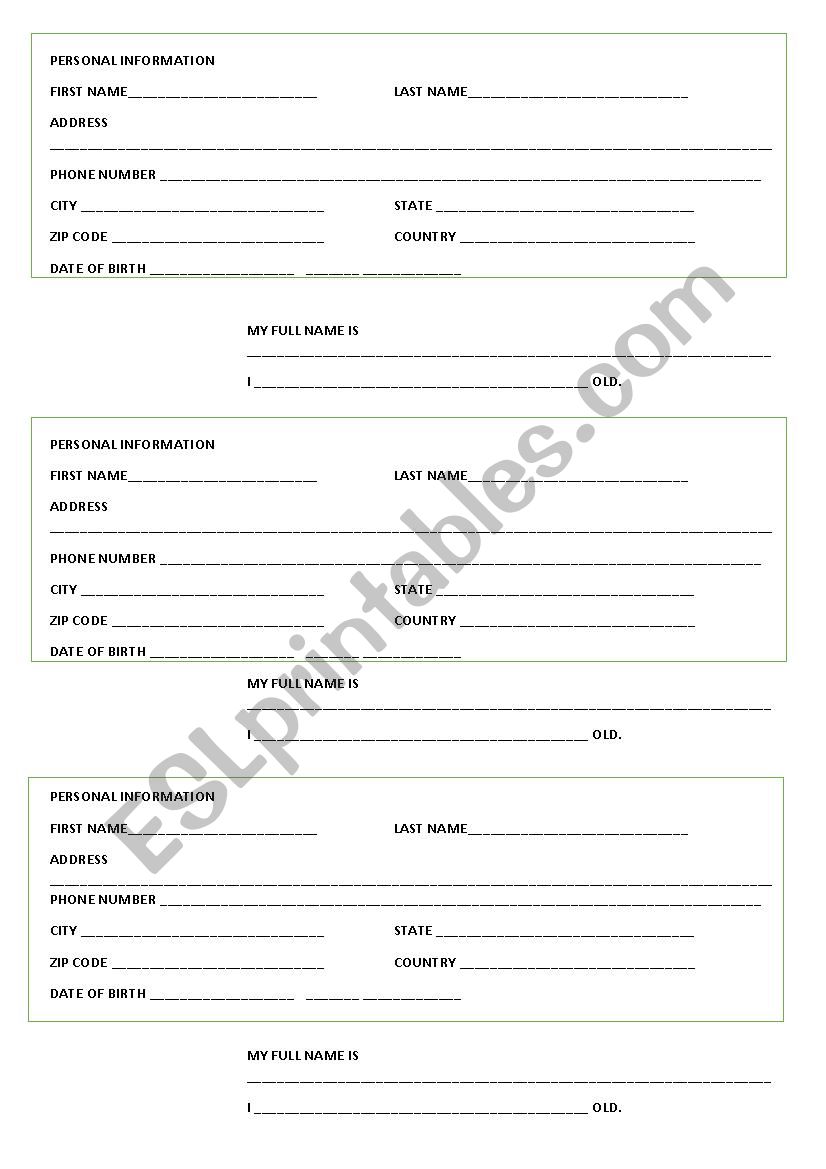 Personal Information worksheet