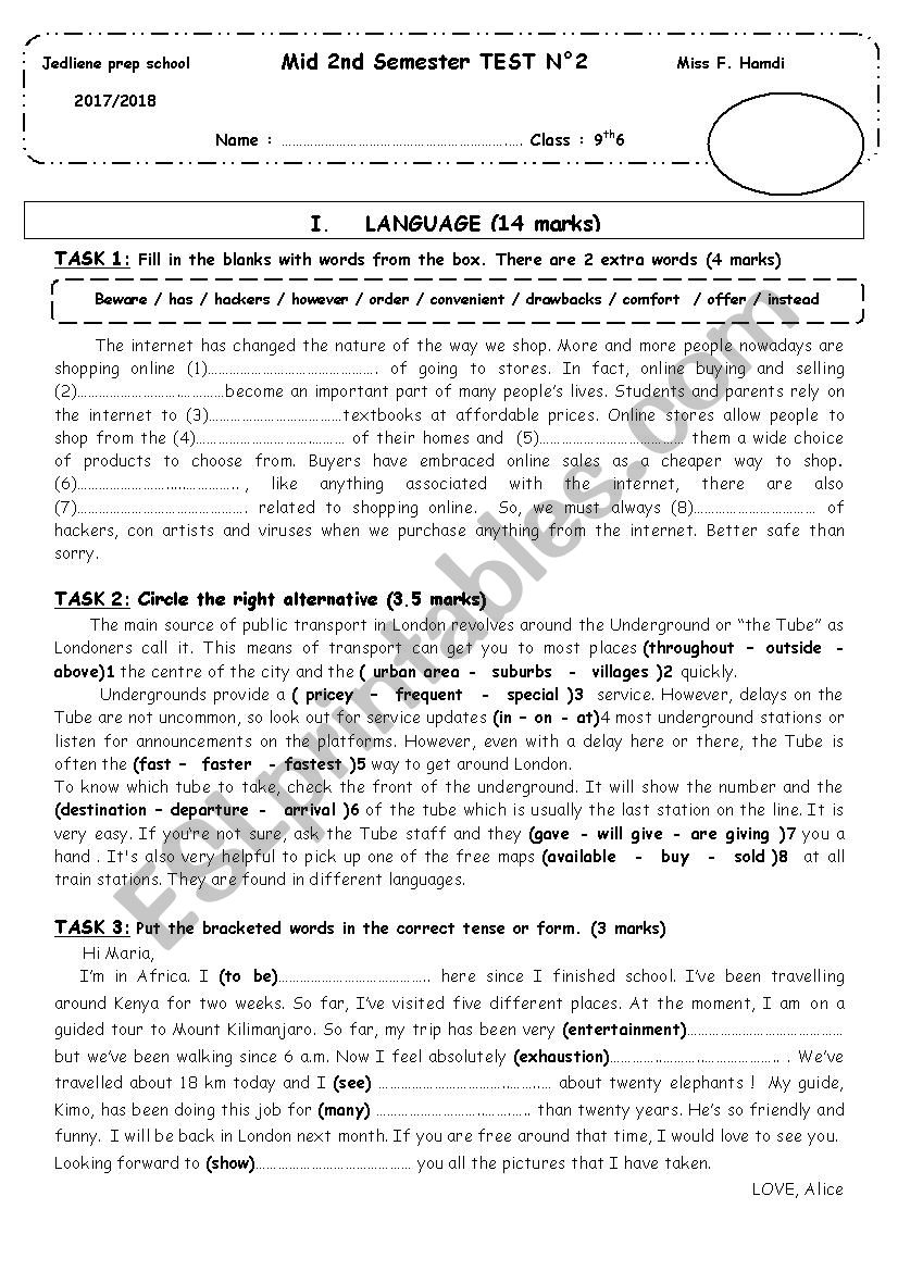 Mid 2nd semester test 2 (9th grade)