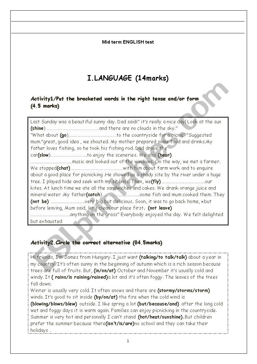 MID TERM TEST SECOND SEMESTER worksheet