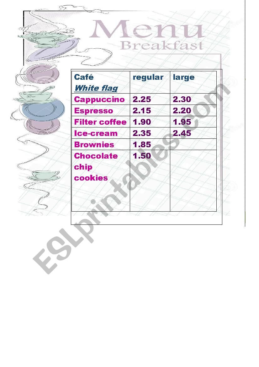 in a cofee shop worksheet