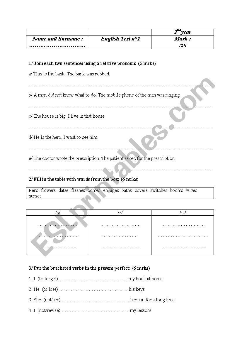 test worksheet