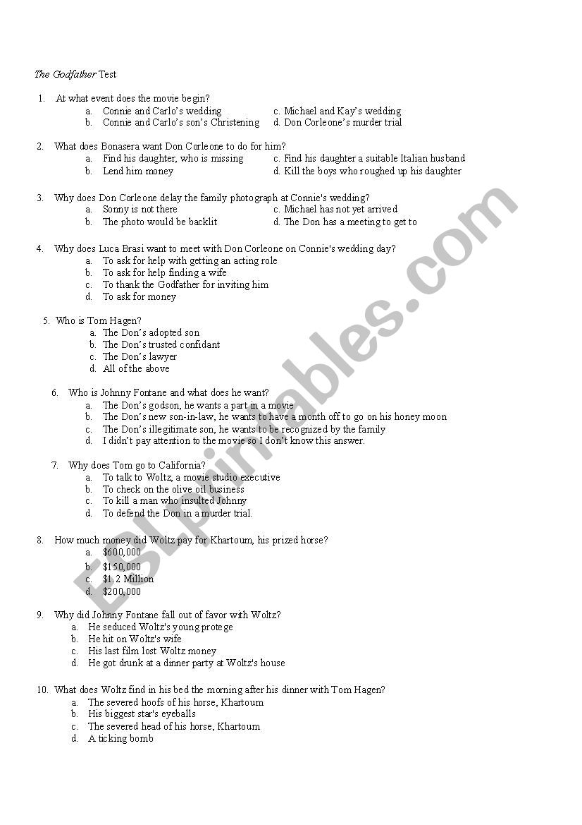 The Godfather Part I test worksheet