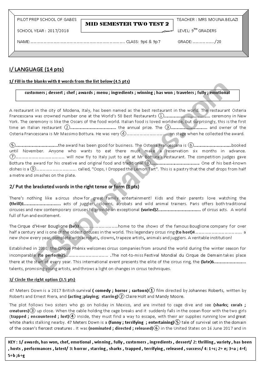 mid semester 2 test 2 9th form