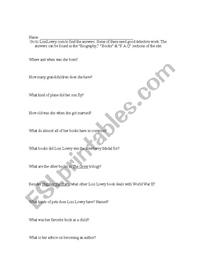 Lois Lowry Scavenger Hunt worksheet