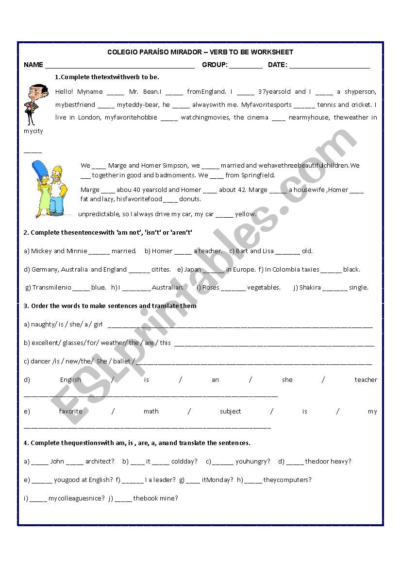 verb to be revision worksheet