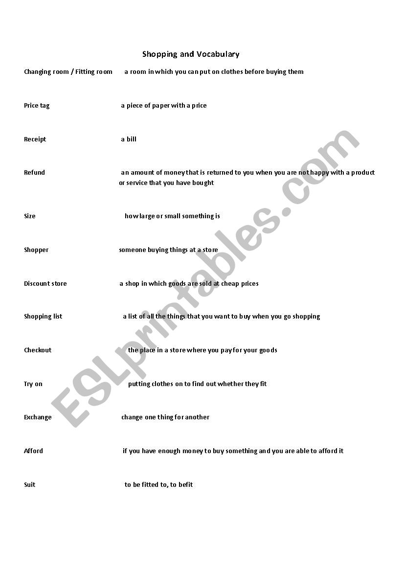 shopping vocabulary worksheet