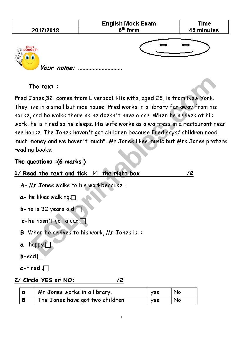 reading comprehension 6th form tunisian test