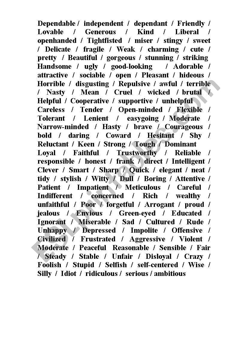 List of adjectives to describe peoples personalities and appearance.