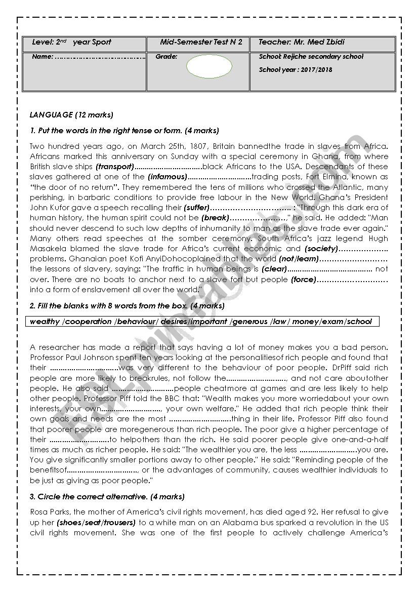 Mid-SEmester Test N 2 worksheet