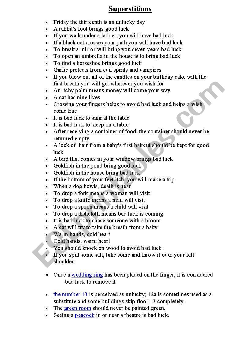 Superstitions worksheet