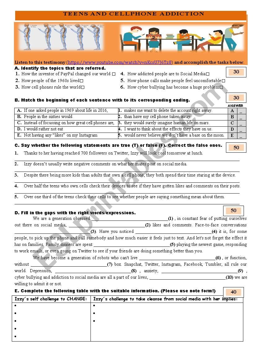 Teens and cellphone addiction worksheet