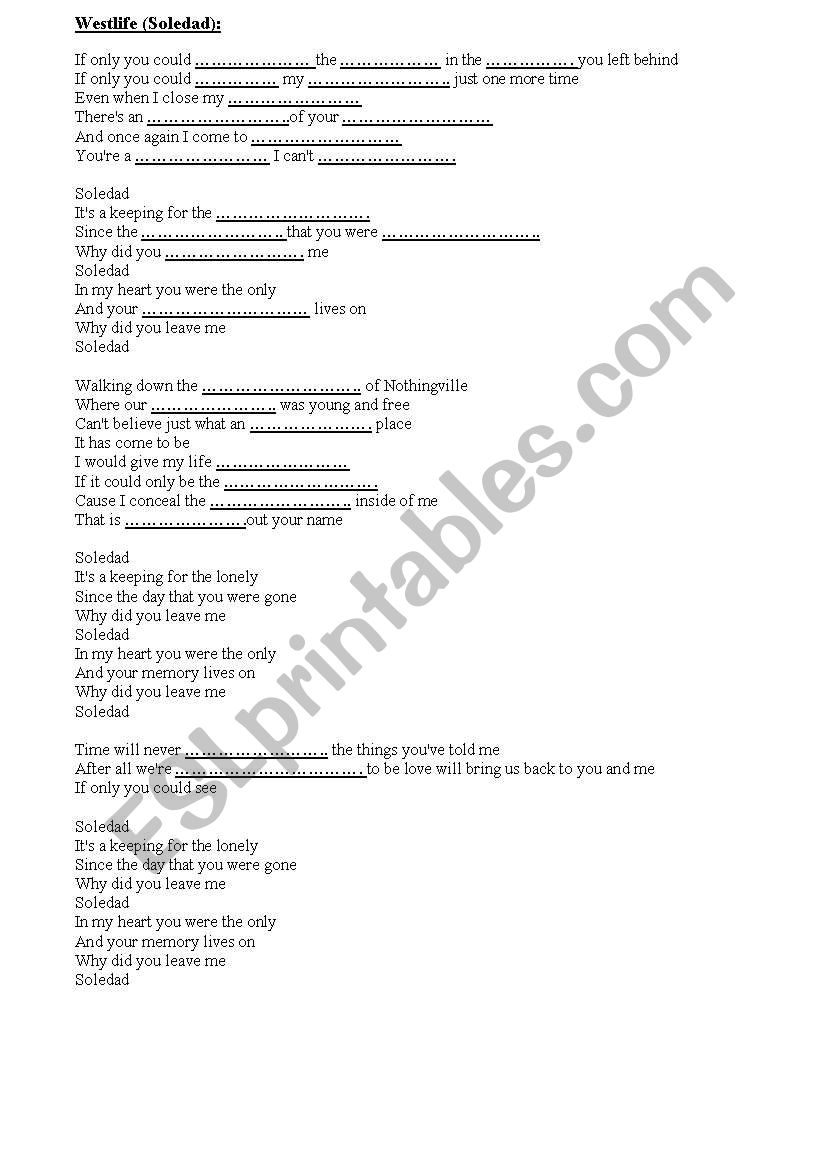 Westlife Soledad worksheet