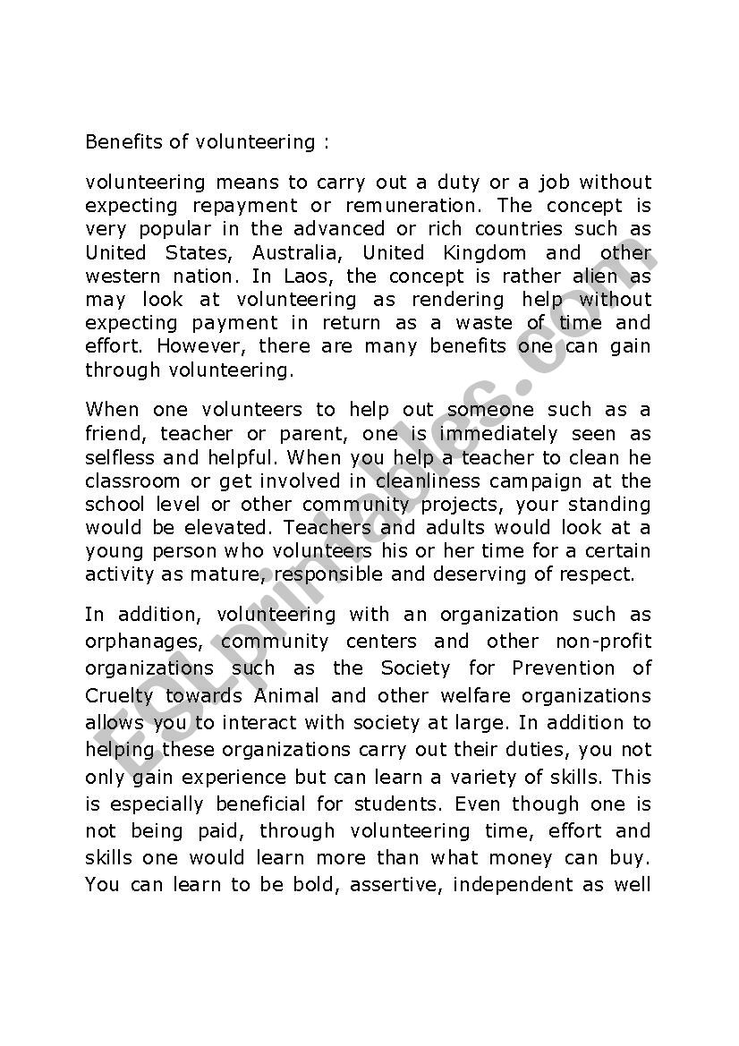benefits of volunteering  worksheet