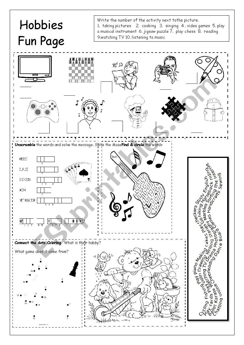 Hobbies Fun Page worksheet