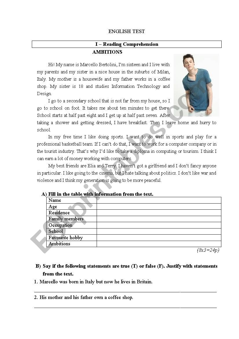 Test on teenagers ambitions worksheet
