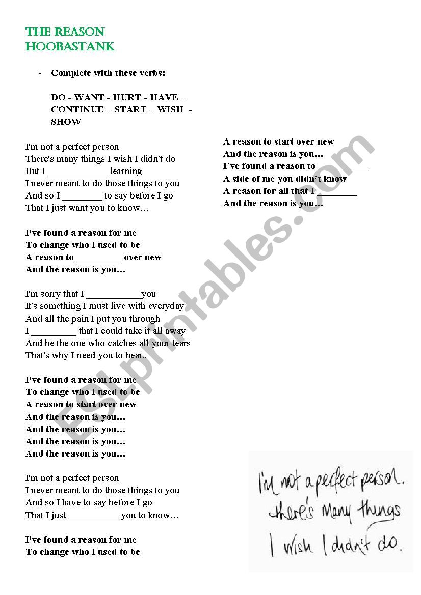 The Reason - Hoobastank SONG worksheet