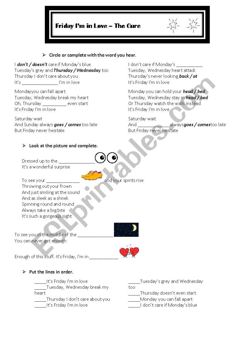 Friday Im in love worksheet