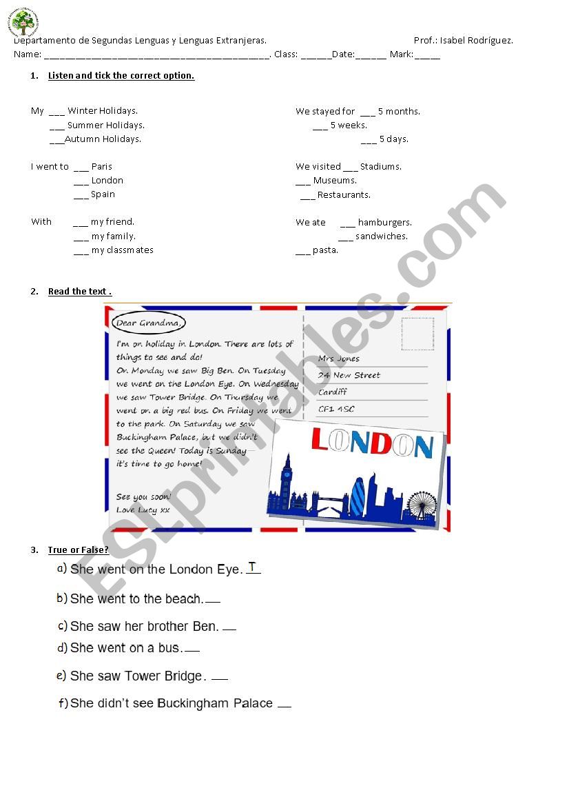 My last summer holidays test. worksheet