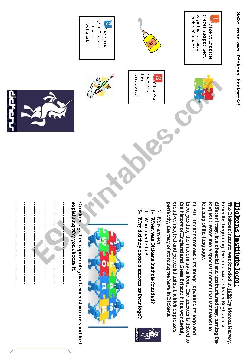 Dickens bookmarker worksheet