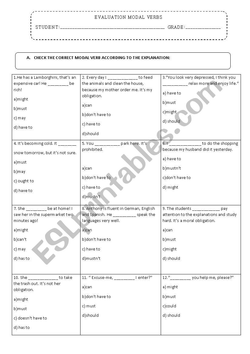 Test modal verbs worksheet