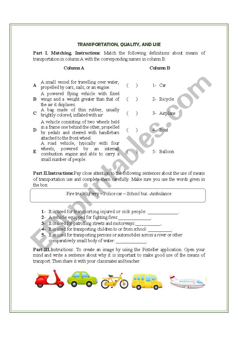 Means of Transportation worksheet