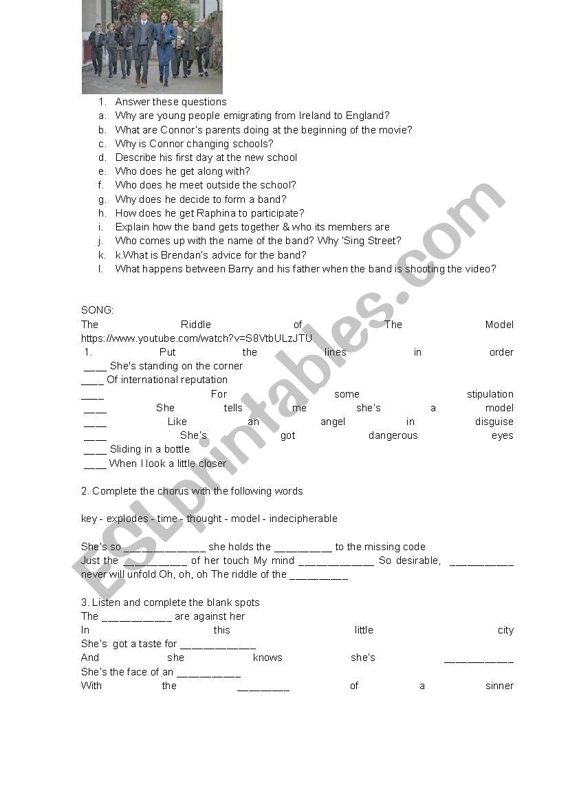 Sing Street worksheet