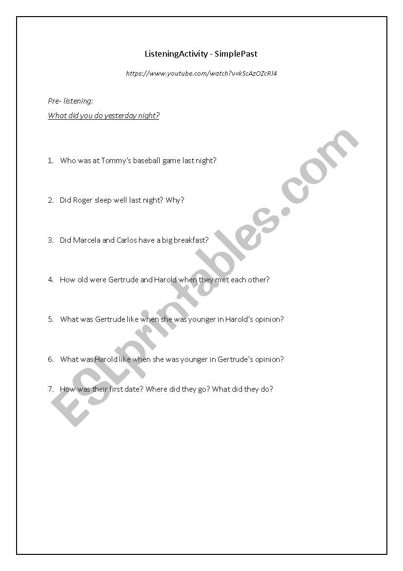 Simple past listening worksheet